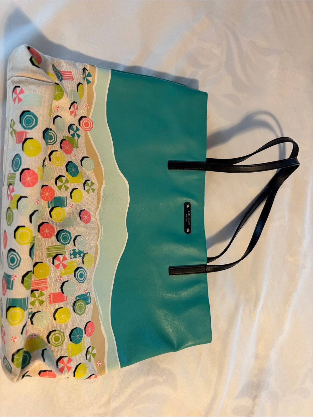 kate spade teal and multicolor beach umbrella tote
